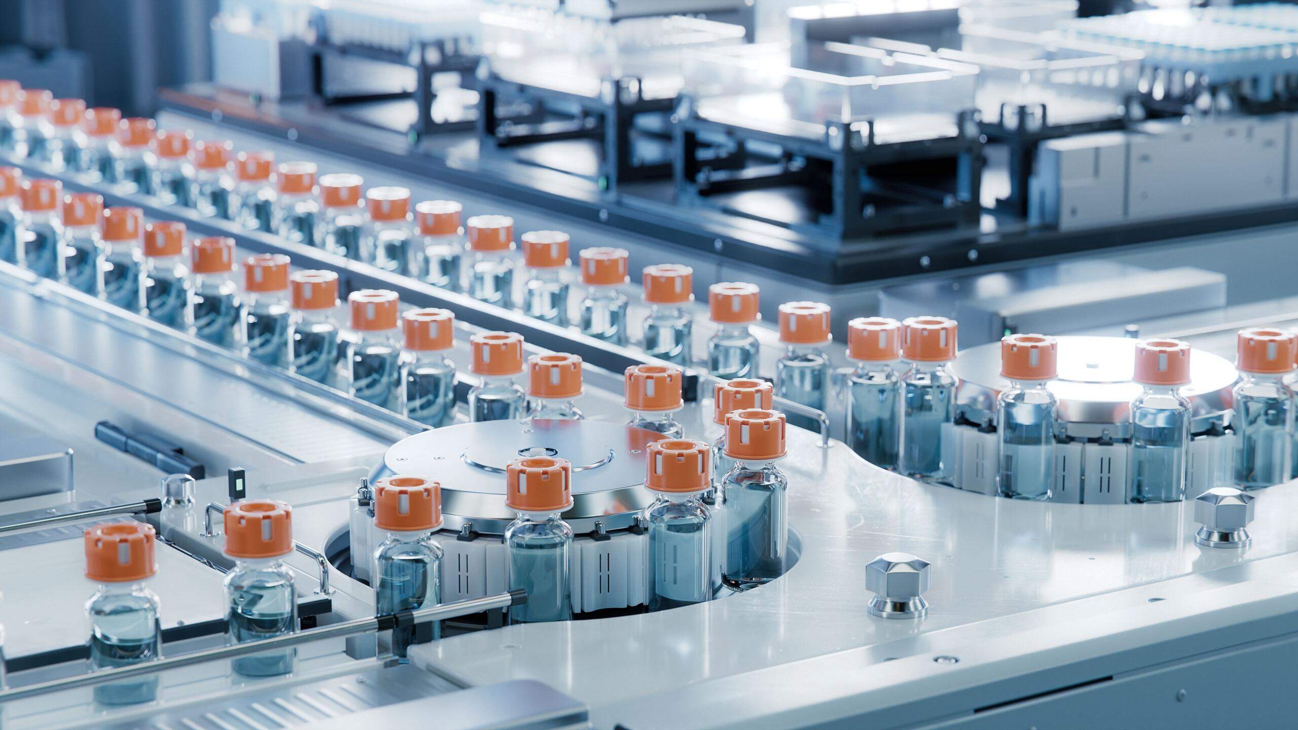 Pharmaceutical manufacturing line producing medication vials, illustrating cases handled by a Tulsa Dangerous Drug Attorney involving defective or unsafe drugs.