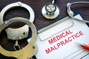 Handcuffs and stethoscope resting on a medical malpractice claim document