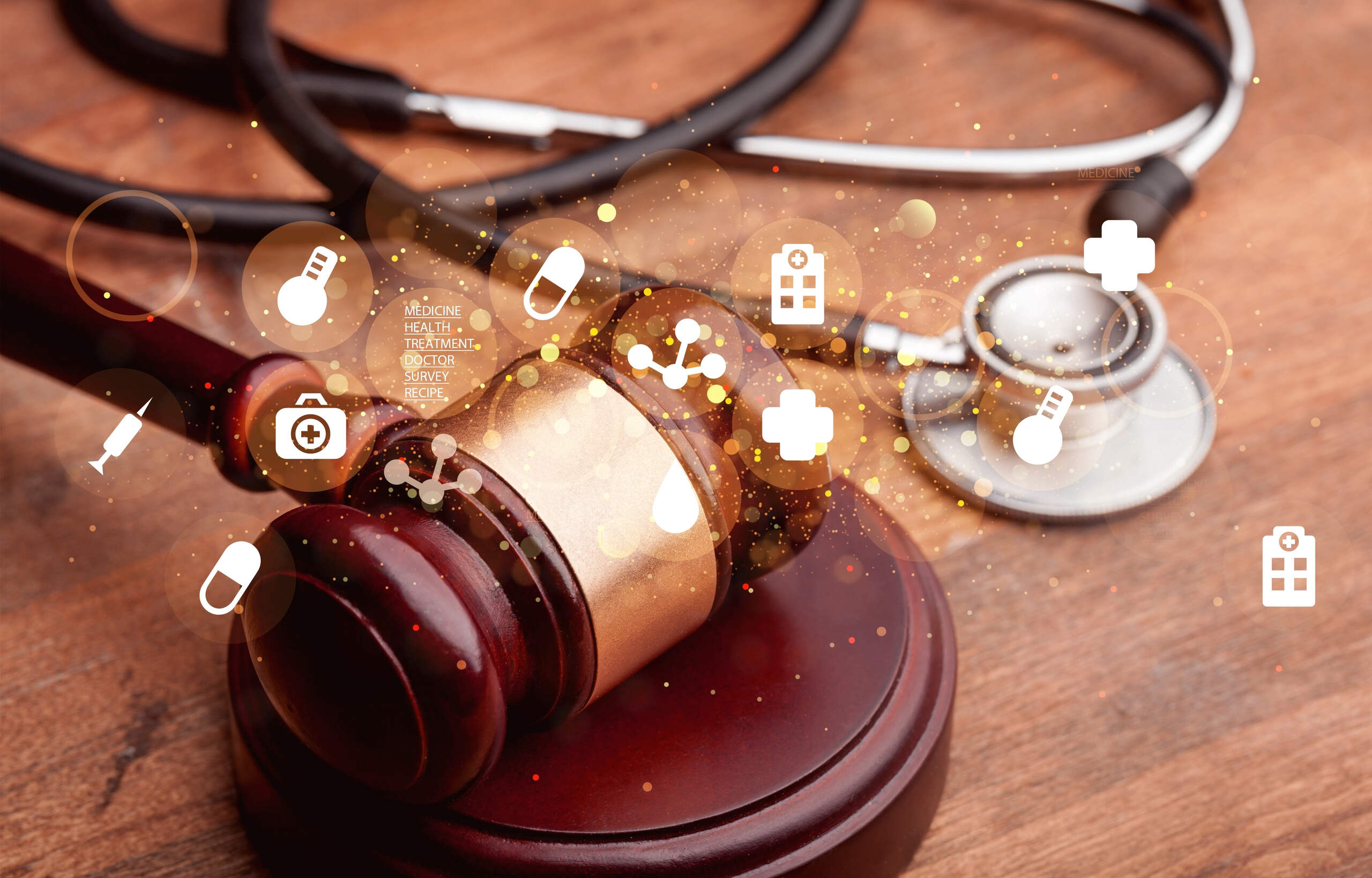 A stethoscope and legal gavel surrounded by digital medical icons, representing the technical evidence Tulsa medical misdiagnosis attorneys use to prove healthcare errors.
