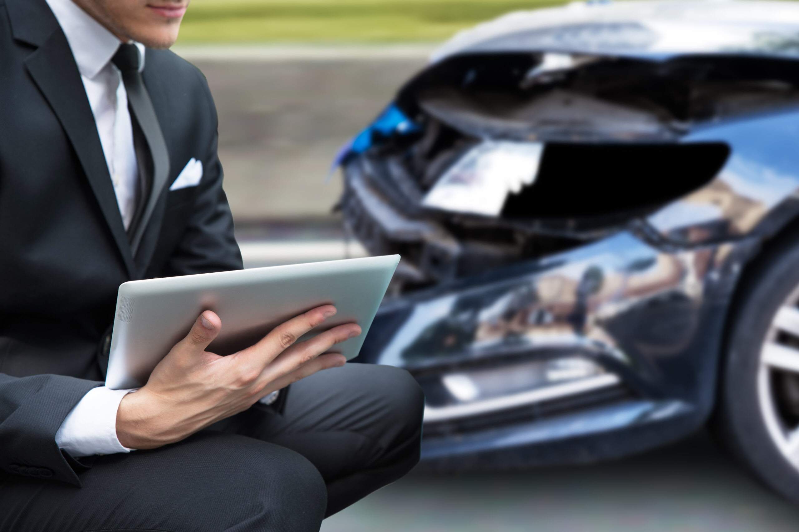 Insurance adjuster inspecting vehicle damage after a car accident in Oklahoma, showing how claims may be undervalued.