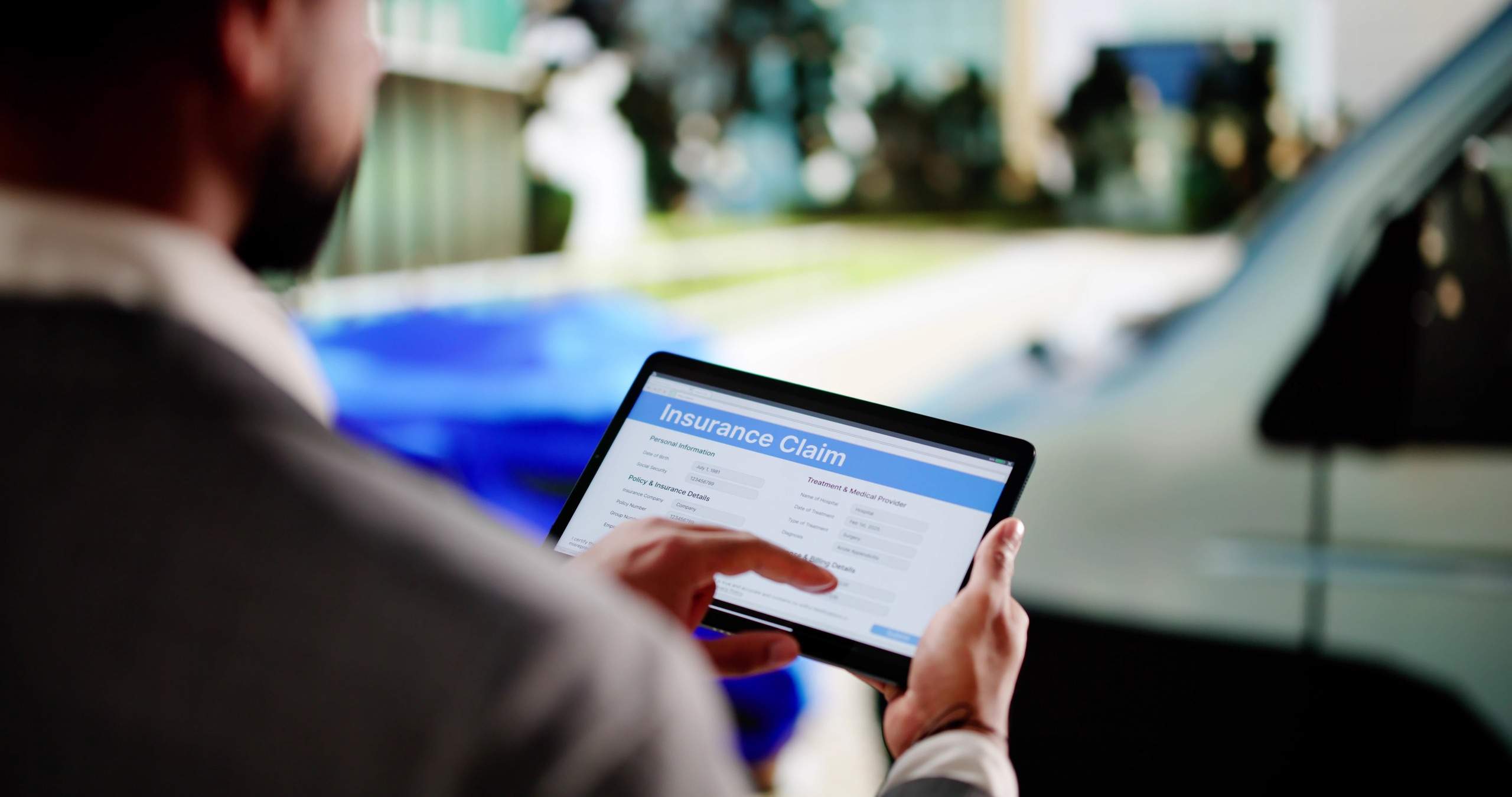 Accident reconstruction experts in injury cases in Tulsa reviewing digital insurance claim data as part of a crash investigation.