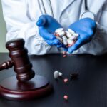 Doctor's gloved hands holding pills beside a gavel, symbolizing legal accountability for wrong dosage medication errors