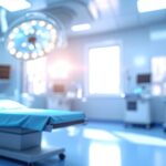 Empty operating room with surgical lights and medical equipment.