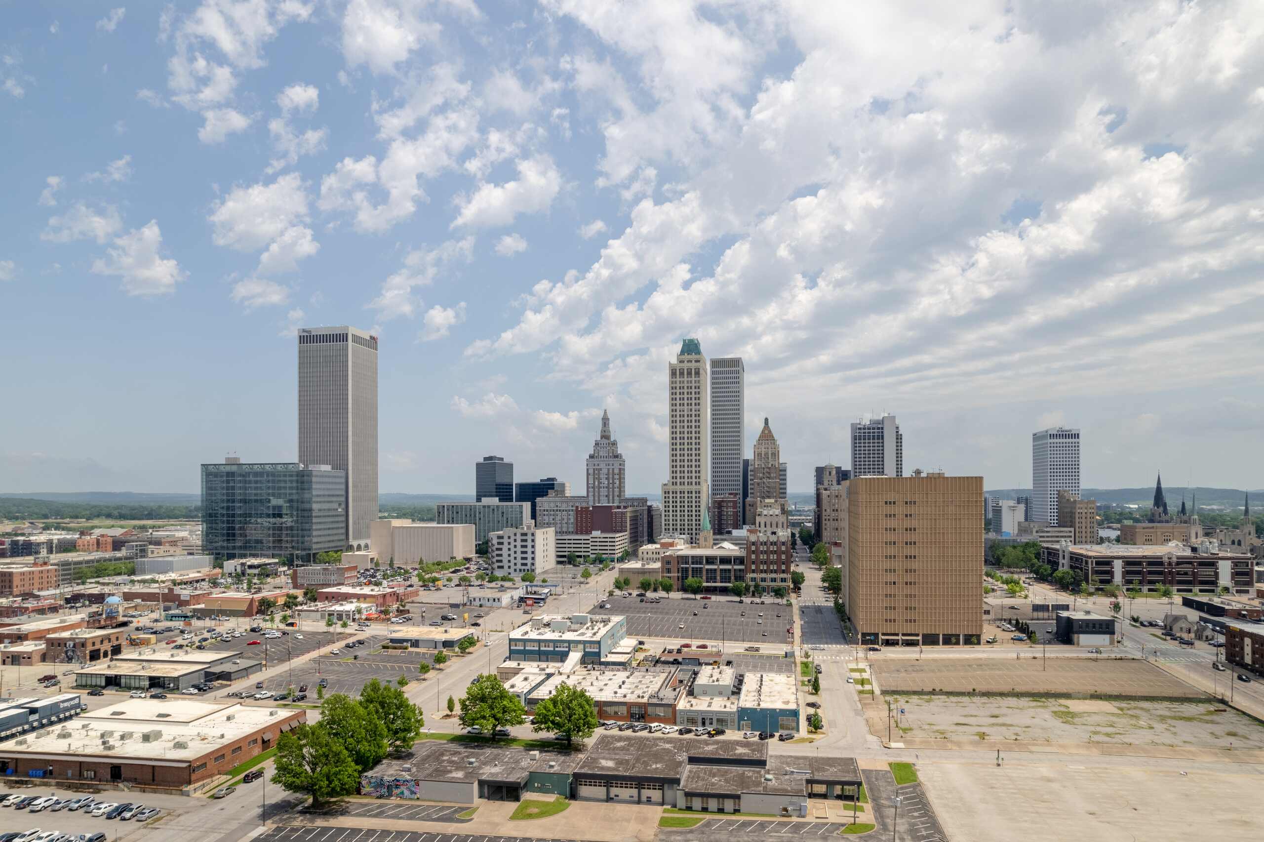 Aerial view of the downtown Tulsa skyline for Tulsa swimming pool accident attorneys.